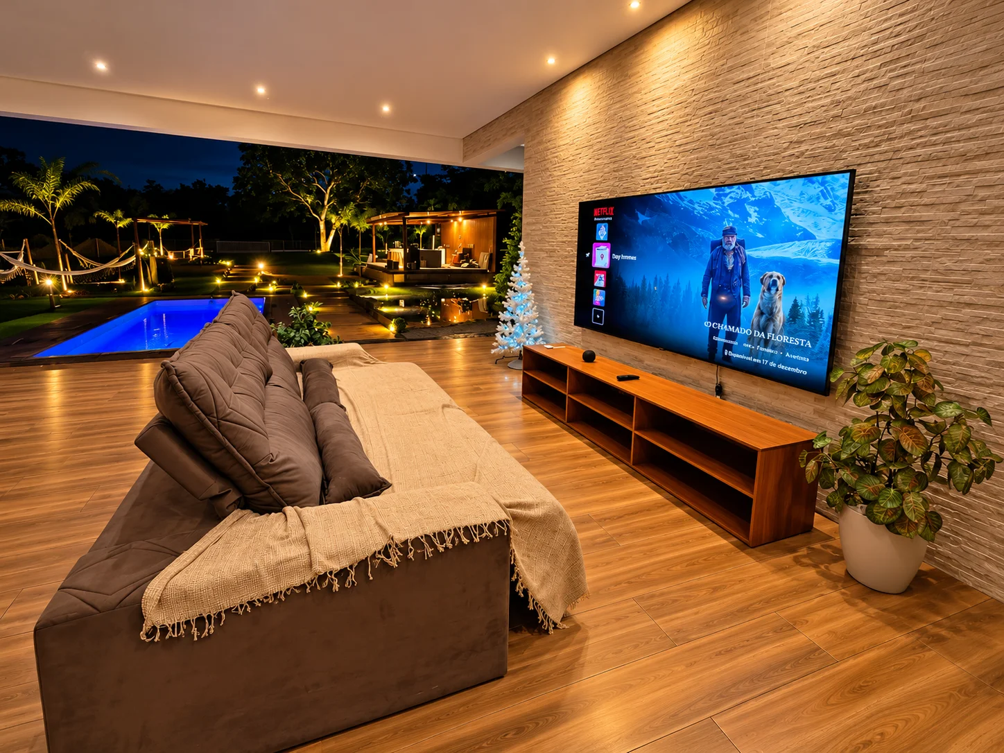 Sala da residência com televisão e integração com a área externa